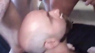 Bearded Guy Covered in Cum from Big Cocks