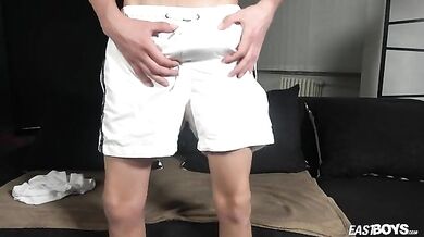 Cute teen boy jerking his big curved cock