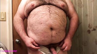 Fat Bear Strokes Clitty and Plays with Belly and Breasts